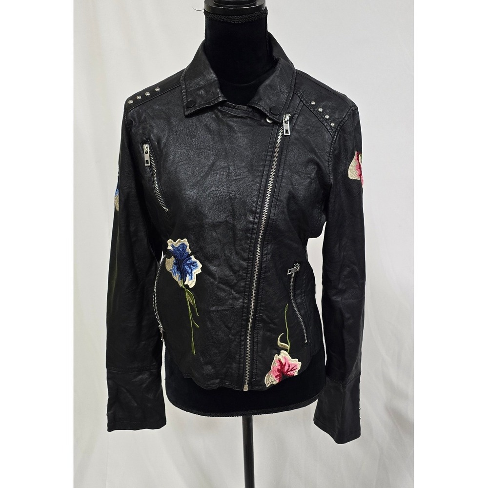 Ci Sono women L black faux leather moto jacket floral embroidery grunge gothic - Picture 2 of 15